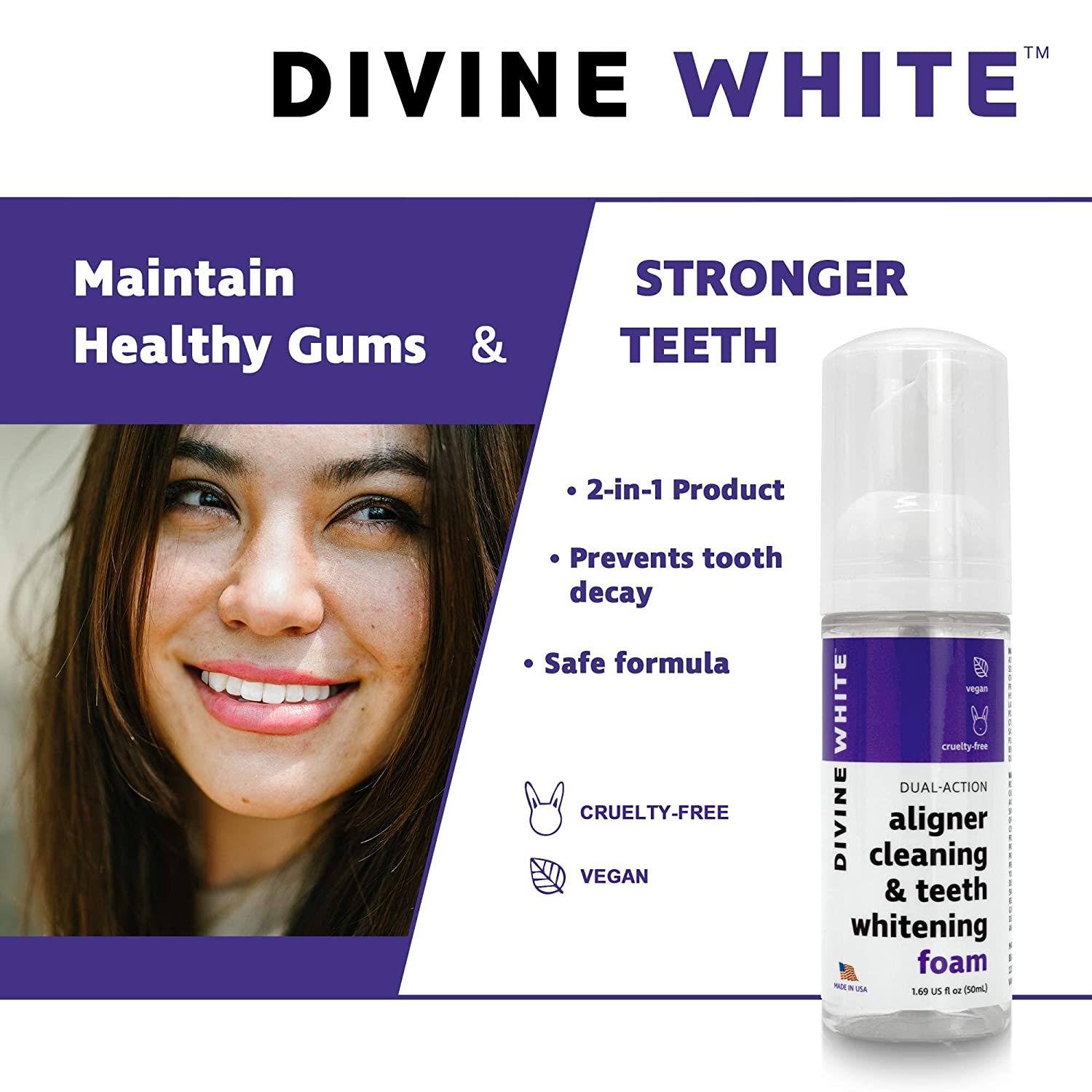 Divine White Dual-Action Stain Removal Aligner/retainer Cleaner and Teeth Whitening Foam- Hydrogen P