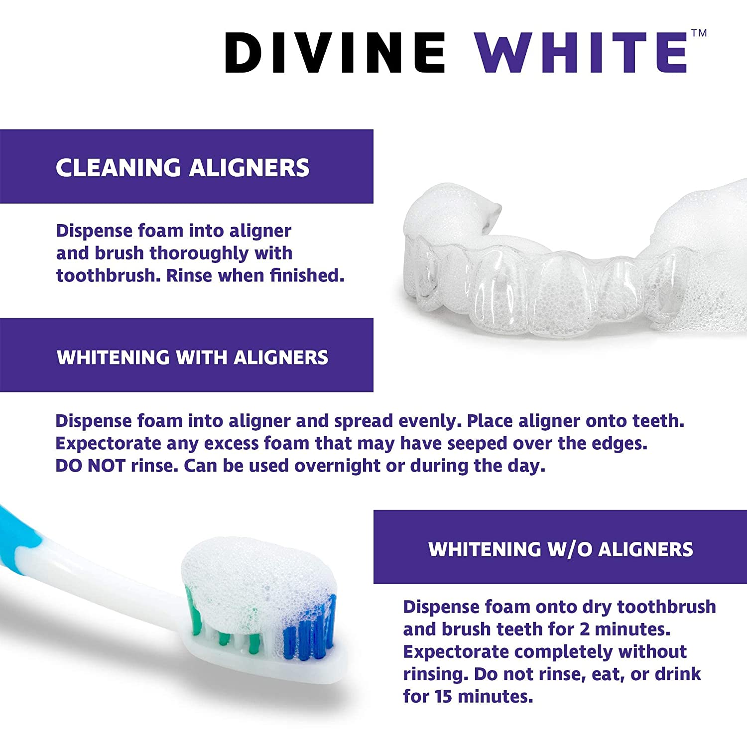 Divine White Dual-Action Stain Removal Aligner/retainer Cleaner and Teeth Whitening Foam- Hydrogen P