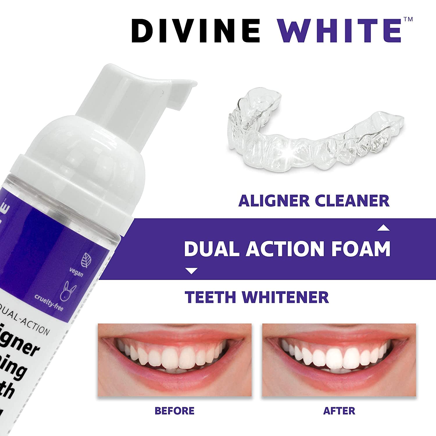 Divine White Dual-Action Stain Removal Aligner/retainer Cleaner and Teeth Whitening Foam- Hydrogen P