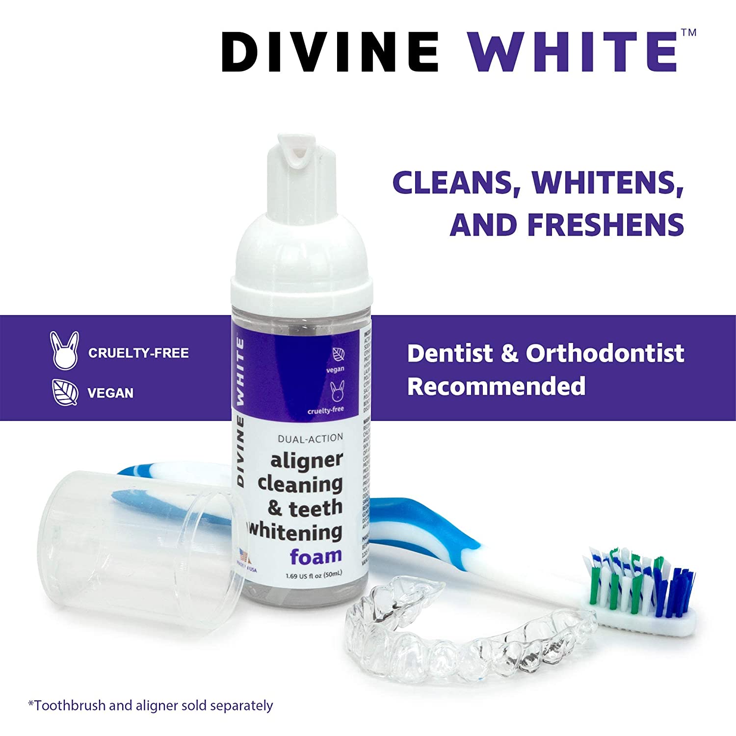 Divine White Dual-Action Stain Removal Aligner/retainer Cleaner and Teeth Whitening Foam- Hydrogen P