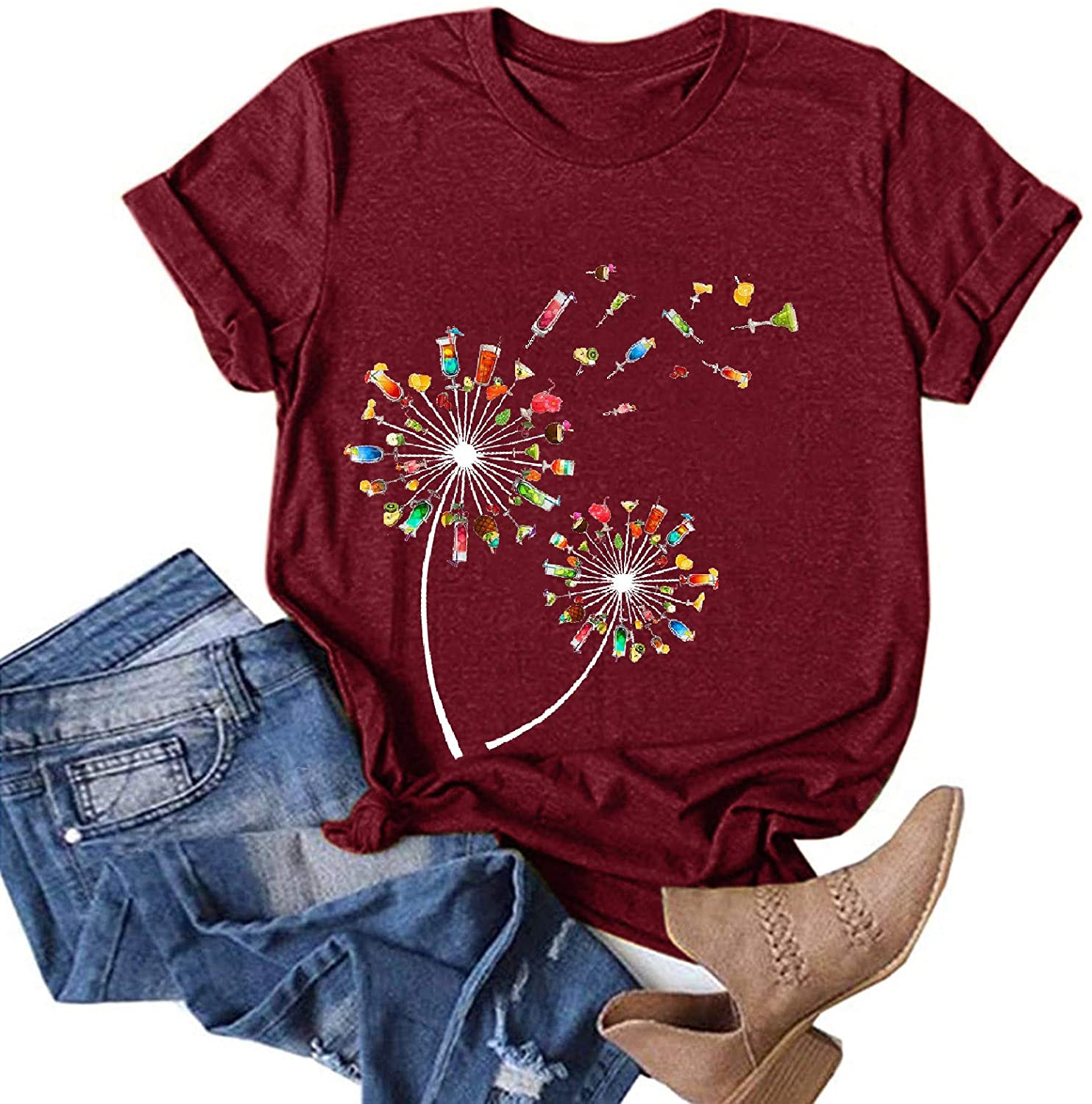 Dosoop Womens Short Sleeve Tops T-Shirts Casual Loose Fit Dandelion Print Graphic O-Neck Tees Shirts