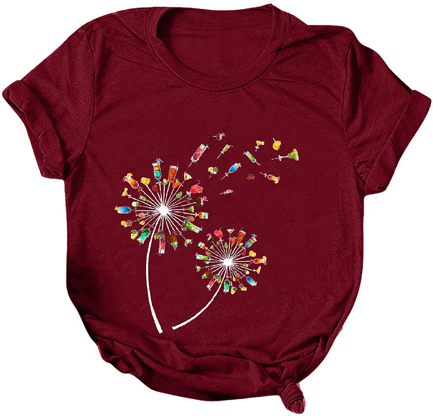 Dosoop Womens Short Sleeve Tops T-Shirts Casual Loose Fit Dandelion Print Graphic O-Neck Tees Shirts