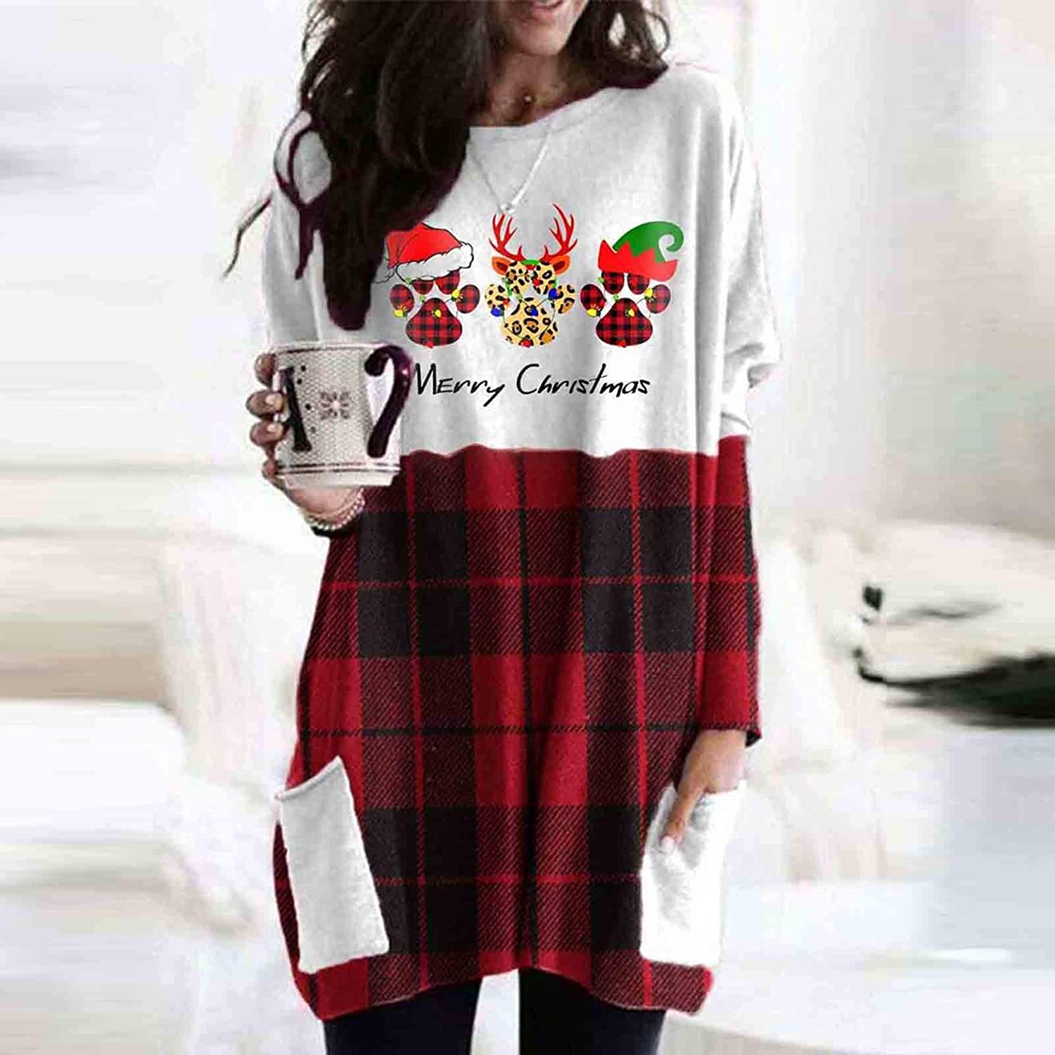 Dosoop Women Christmas Long Sleeve Pocket Tops Cute Cat Foot Print Crewneck Pullover Sweater Tee Gra