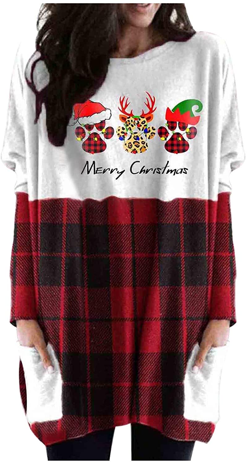 Dosoop Women Christmas Long Sleeve Pocket Tops Cute Cat Foot Print Crewneck Pullover Sweater Tee Gra
