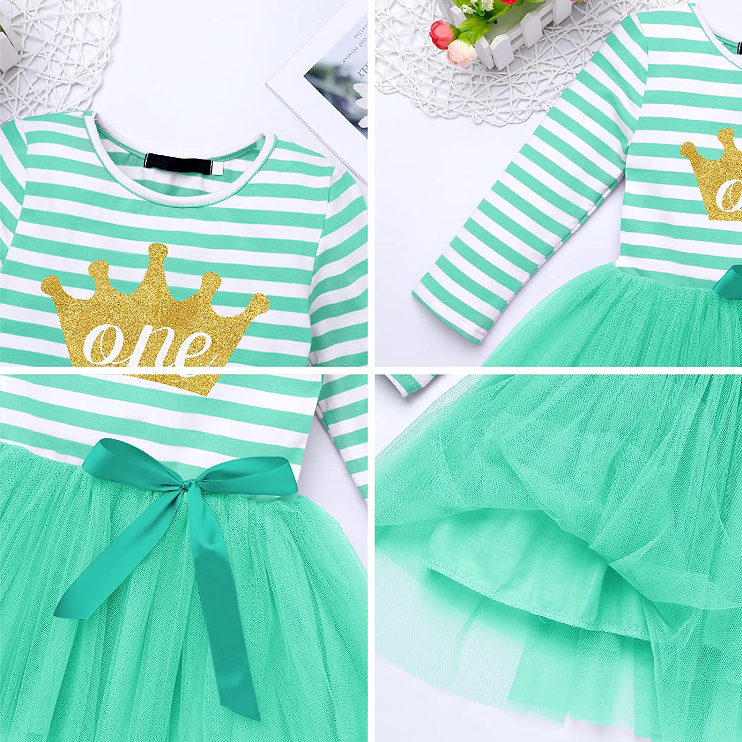 Baby Girls 1st/2nd/3rd Birthday Long Sleeve Princess Cake Smash Baptism Crown Tulle Party Dress Stri
