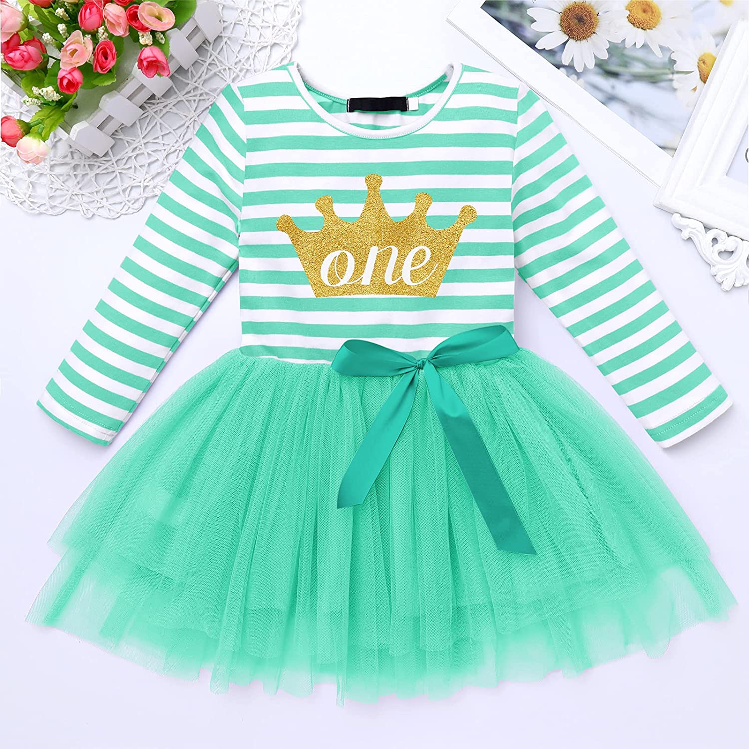 Baby Girls 1st/2nd/3rd Birthday Long Sleeve Princess Cake Smash Baptism Crown Tulle Party Dress Stri