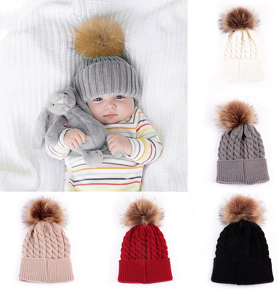 oenbopo Baby Winter Warm Knit Hat Infant Toddler Kid Crochet Fur Hairball Beanie Cap