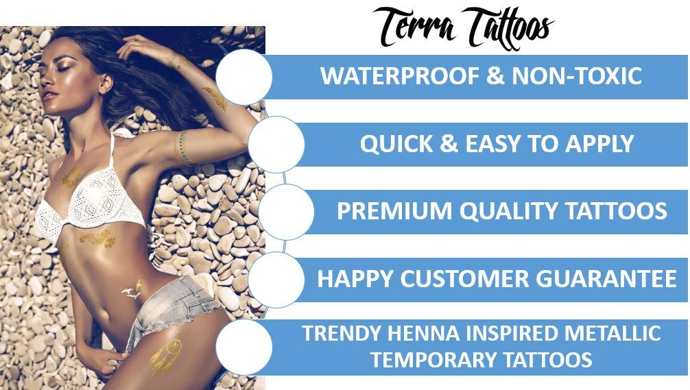 Terra Tattoos Gold Silver & Black Metallic Temporary Tats 75+ Egyptian Designs Feathers, Wings, Arro