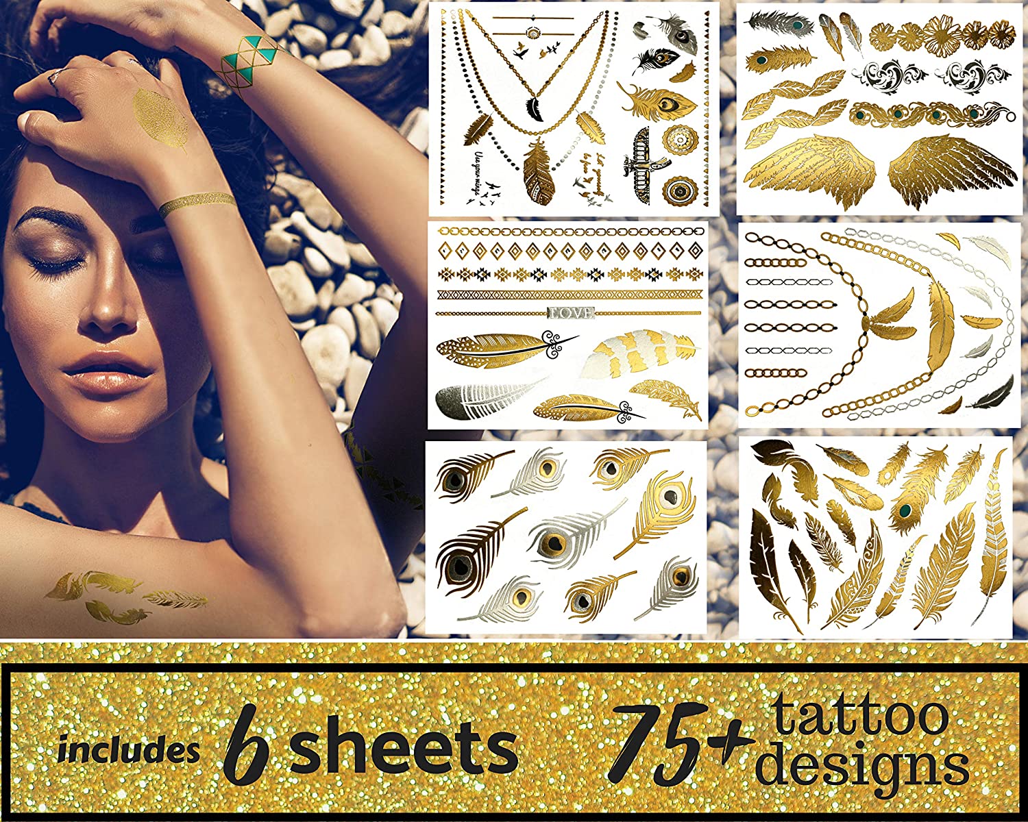 Terra Tattoos Gold Silver & Black Metallic Temporary Tats 75+ Egyptian Designs Feathers, Wings, Arro