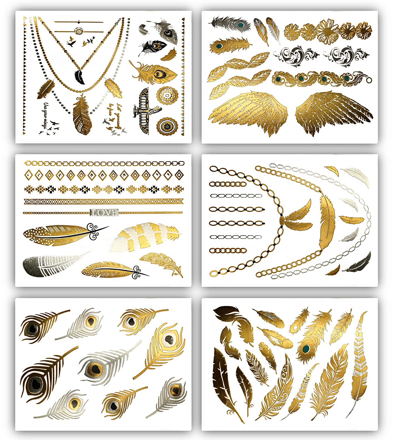 Terra Tattoos Gold Silver & Black Metallic Temporary Tats 75+ Egyptian Designs Feathers, Wings, Arro