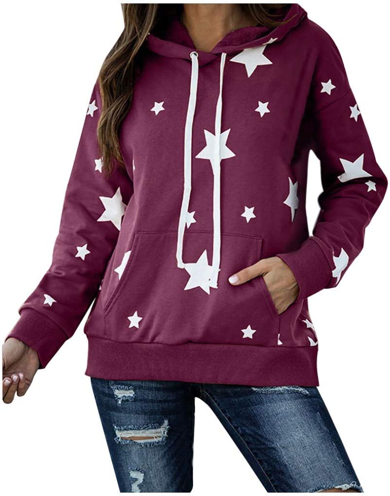 Dosoop Women Casual Tops Stars Print Shirt Long Sleeve Tunics Comfy Soft Drawstring Hoodie Pullover 