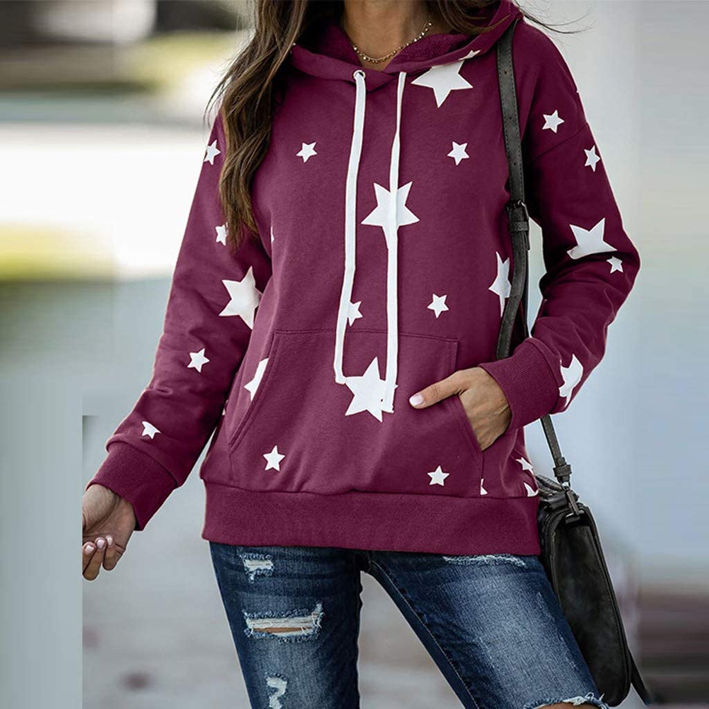Dosoop Women Casual Tops Stars Print Shirt Long Sleeve Tunics Comfy Soft Drawstring Hoodie Pullover 