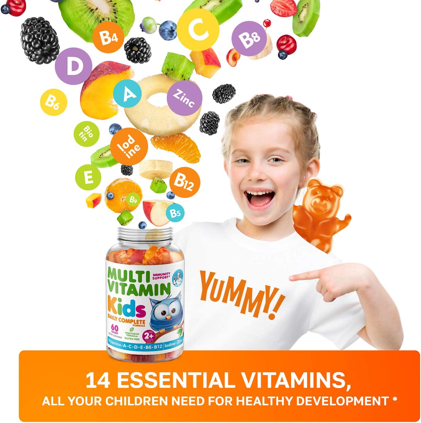 Kids Magnesium Gummies Sugar-Free and Multivitamin Gummies 14 Essential Vitamins