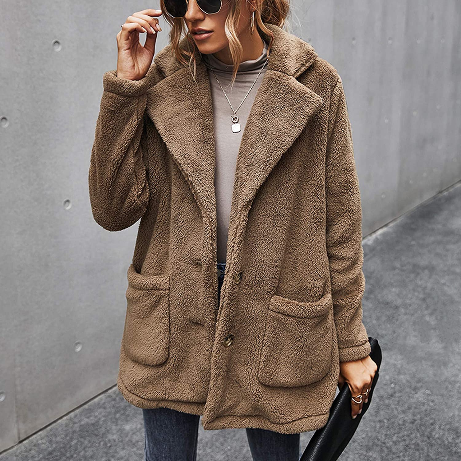 Dosoop Women Solid Color Fleece Long Sleeve Sweatshirt Fleece Pullover Outwear Cardigan Button Keep 