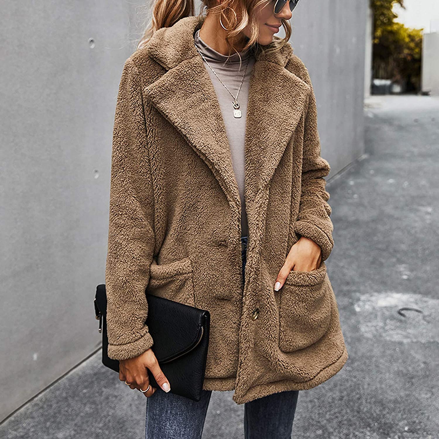 Dosoop Women Solid Color Fleece Long Sleeve Sweatshirt Fleece Pullover Outwear Cardigan Button Keep 