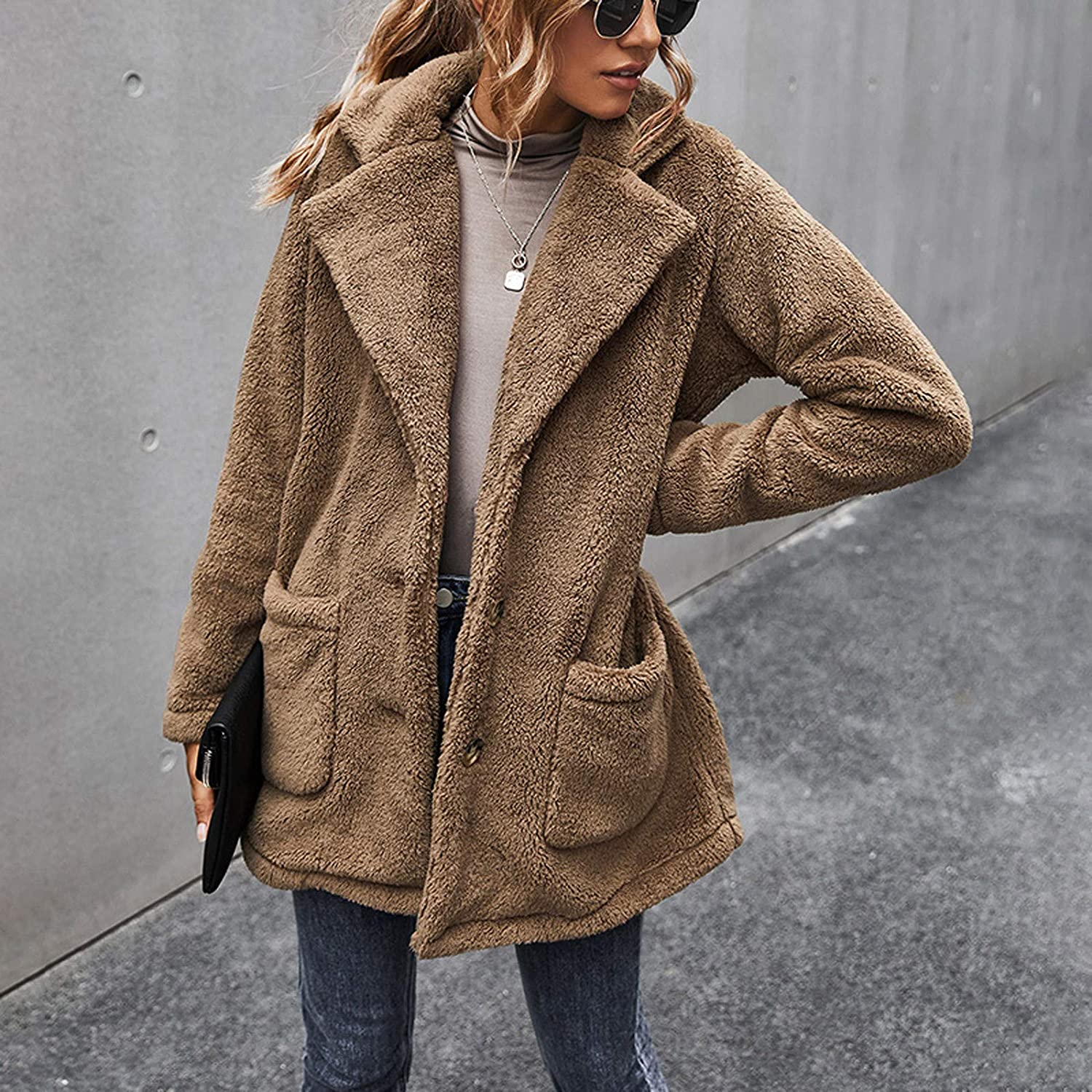 Dosoop Women Solid Color Fleece Long Sleeve Sweatshirt Fleece Pullover Outwear Cardigan Button Keep 