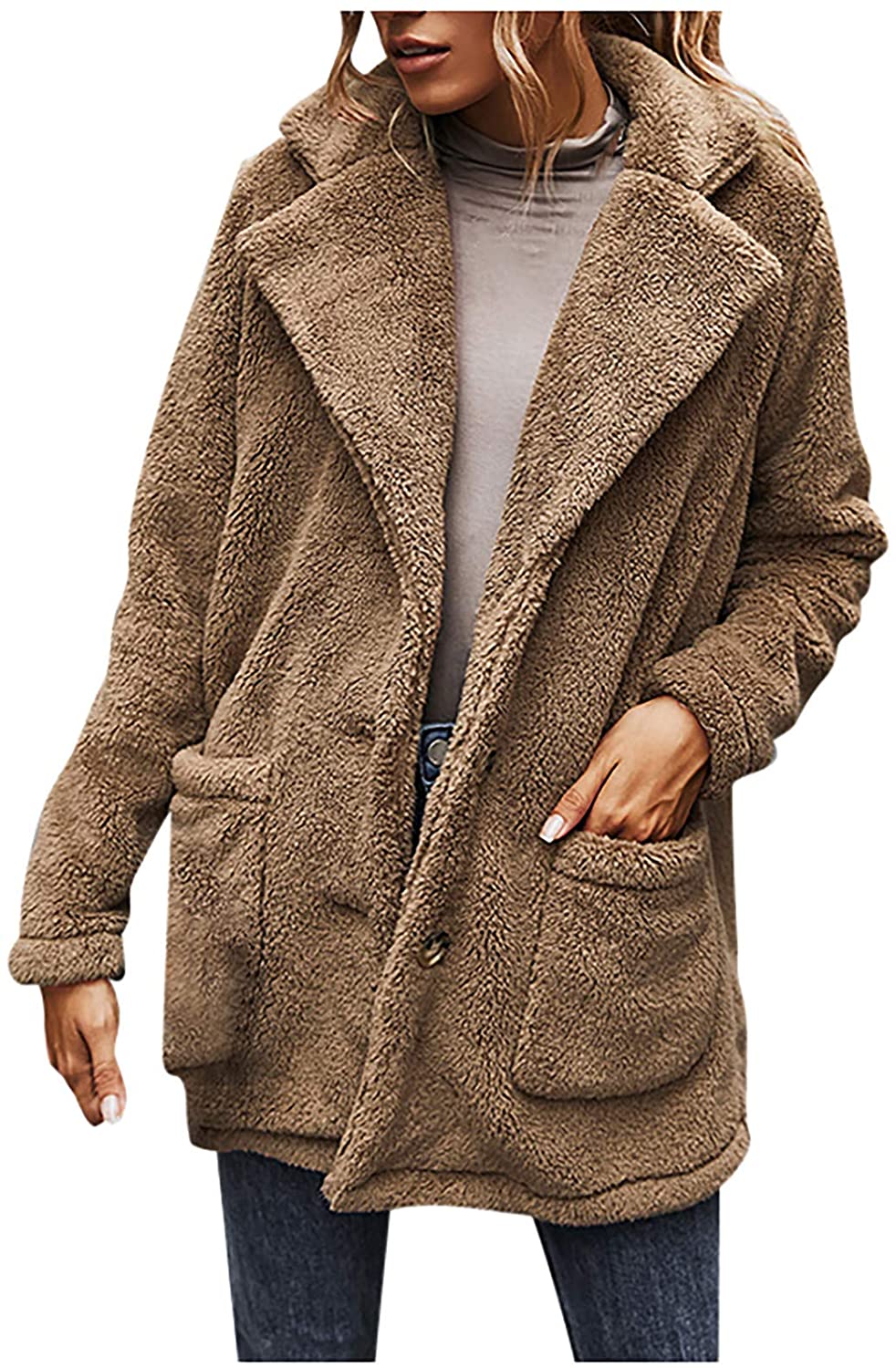 Dosoop Women Solid Color Fleece Long Sleeve Sweatshirt Fleece Pullover Outwear Cardigan Button Keep 