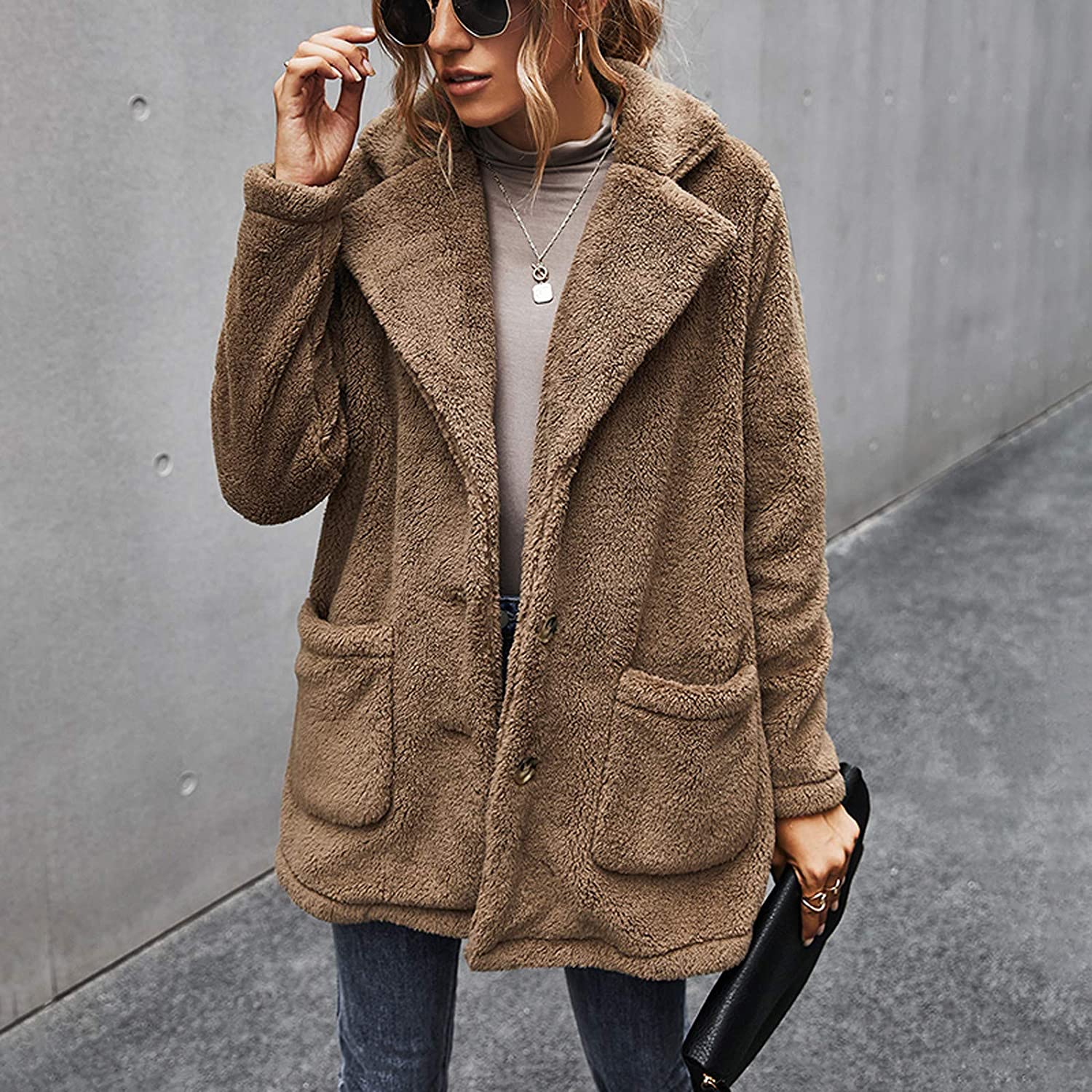 Dosoop Women Solid Color Fleece Long Sleeve Sweatshirt Fleece Pullover Outwear Cardigan Button Keep 