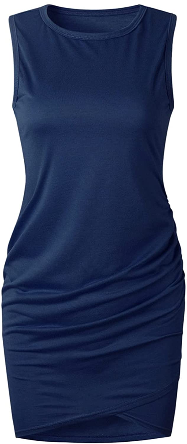 WYTong Women Casual Crew Neck Ruched Sleeveless Tank Bodycon 2021 Shirt Short Mini Dresses Summer Dr