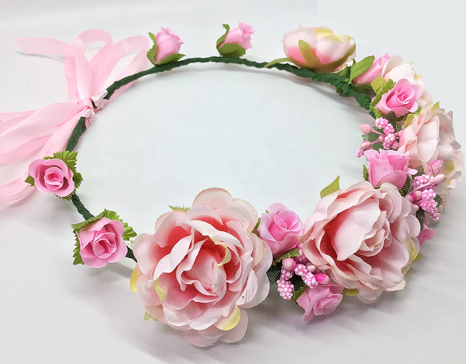 Flower Crown Girls Floral Headpiece - Artificial White Pink Roses Wedding - Bridal Boho Wreath Kids