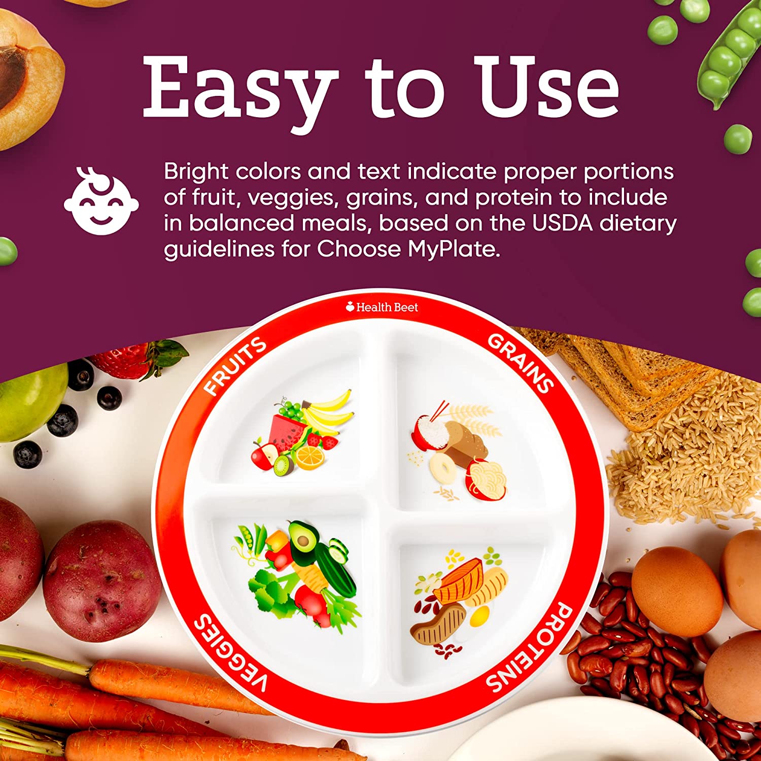 Choose MyPlate Portion Plate for Kids, Toddlers - Kids Nutrition Plates with Dividers from Health Be