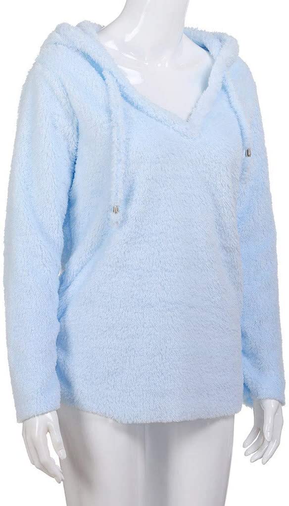 Dosoop Womens Solid Color Casual Fleece Fluffy Crewneck Long Sleeve Blouse Winter Warm Sweatshirt Ho