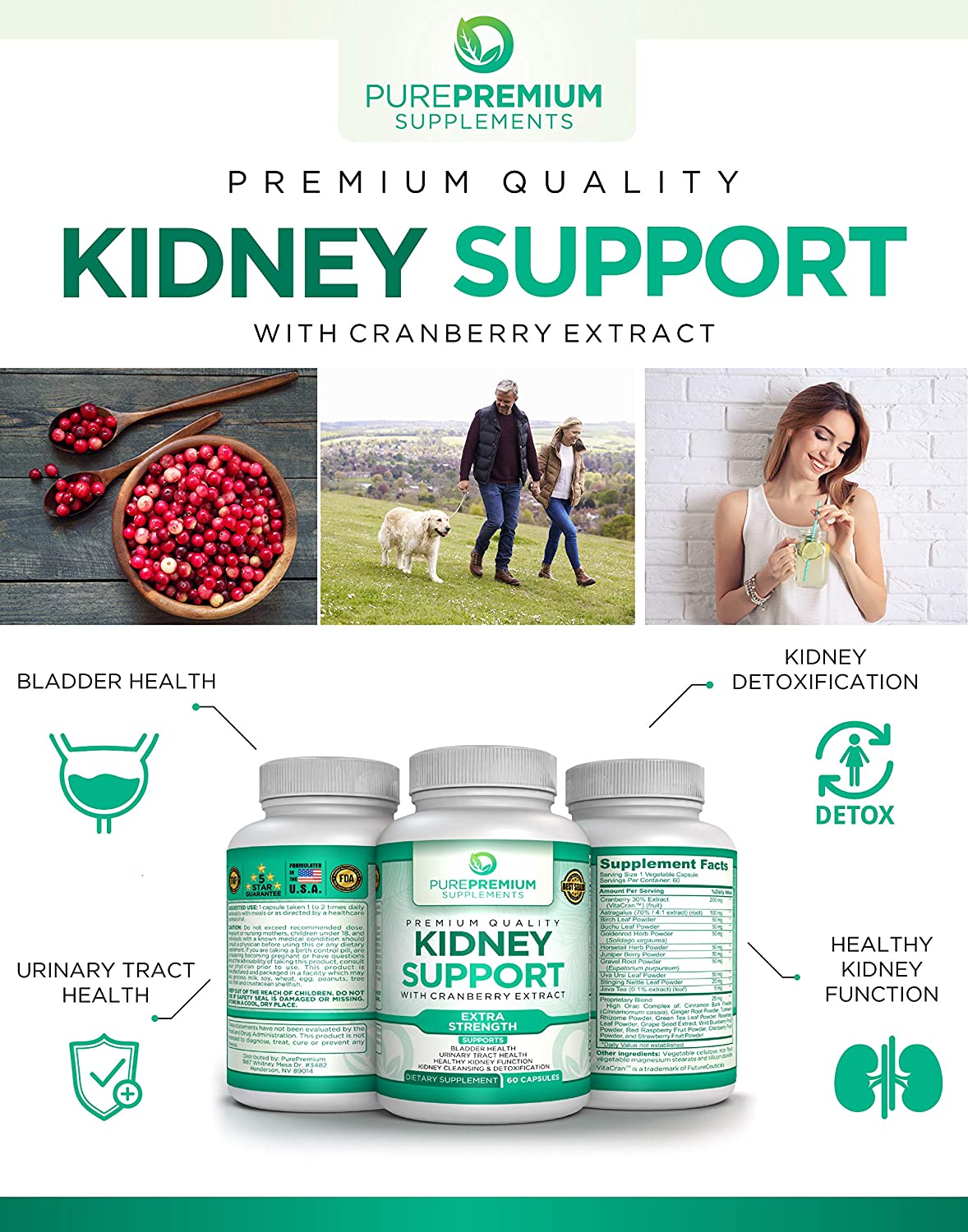 Premium Kidney Support Supplement by PurePremium Supports Urinary Tract and Normal Bladder Health 