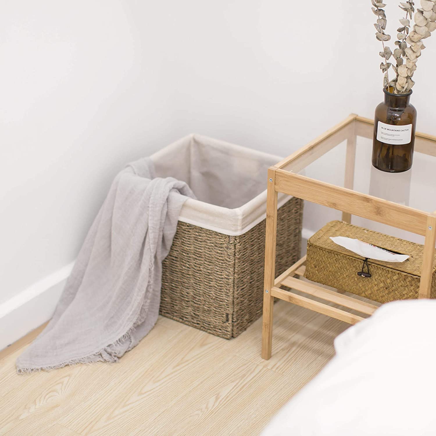 StorageWorks Rectangular Wicker Baskets for Shelves, Seagrass Hand-Woven Baskets with Linings, Mediu