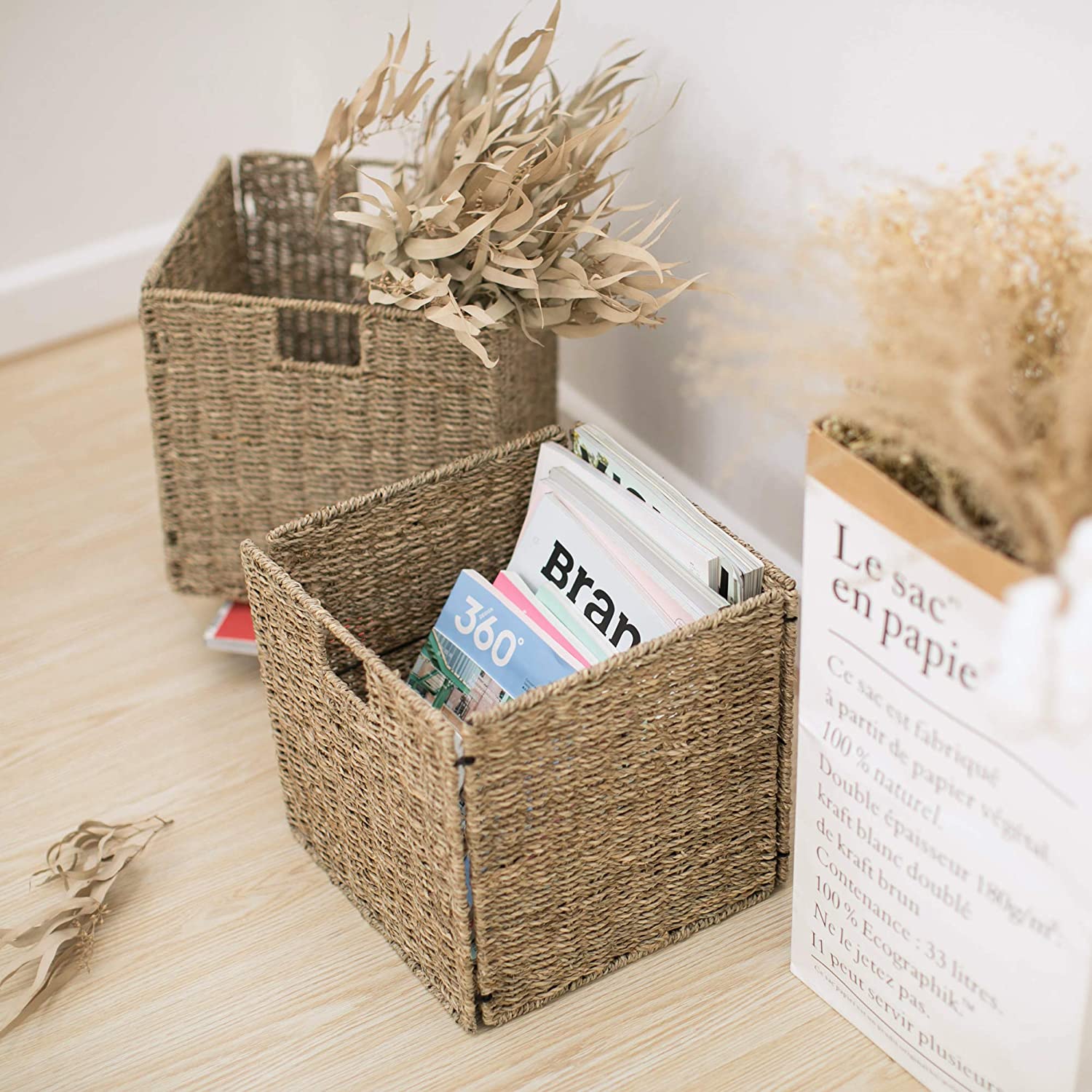 StorageWorks Rectangular Wicker Baskets for Shelves, Seagrass Hand-Woven Baskets with Linings, Mediu