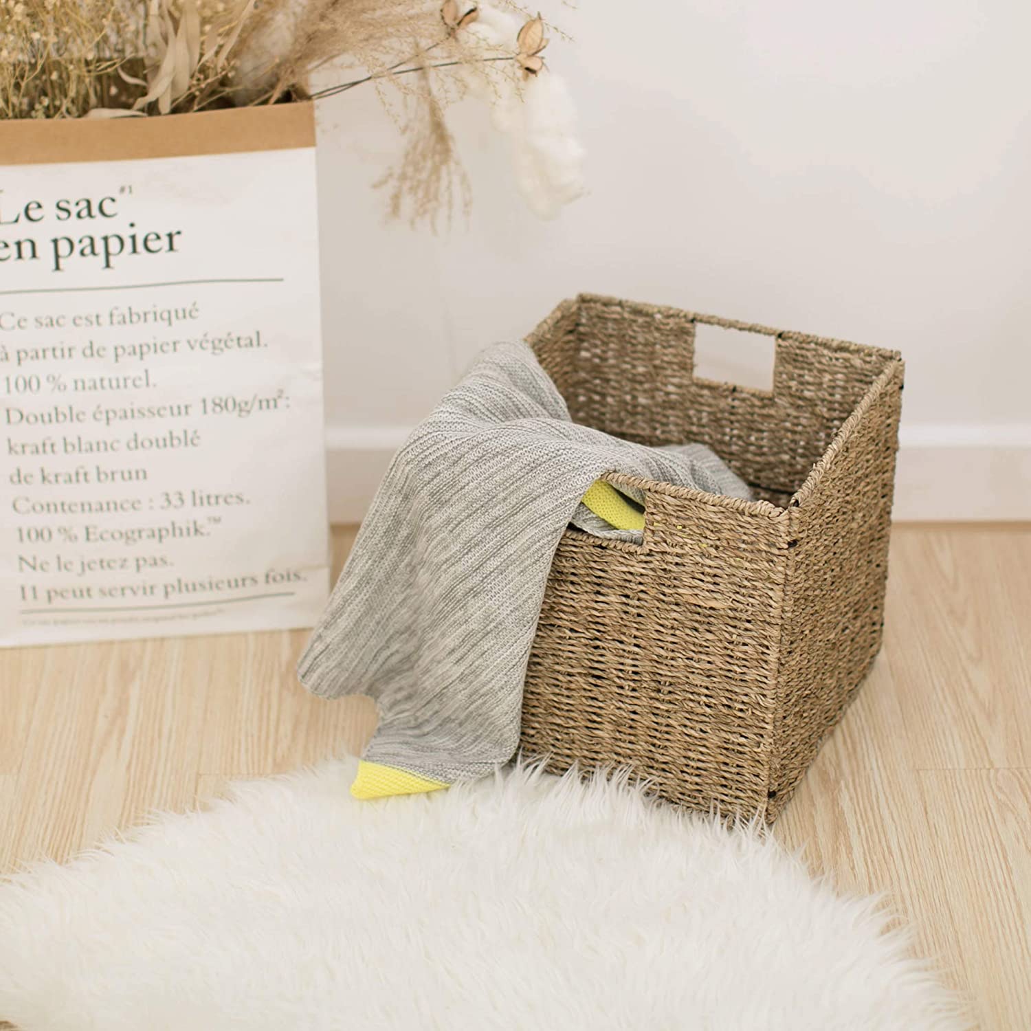 StorageWorks Rectangular Wicker Baskets for Shelves, Seagrass Hand-Woven Baskets with Linings, Mediu