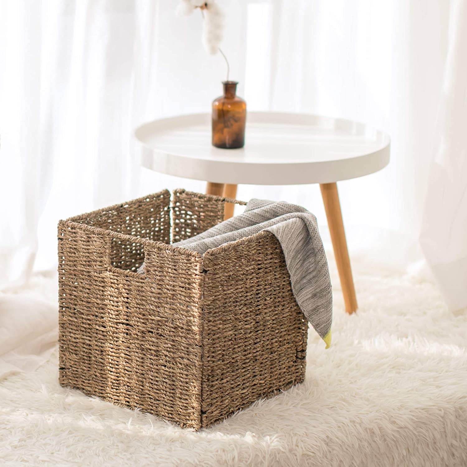 StorageWorks Rectangular Wicker Baskets for Shelves, Seagrass Hand-Woven Baskets with Linings, Mediu