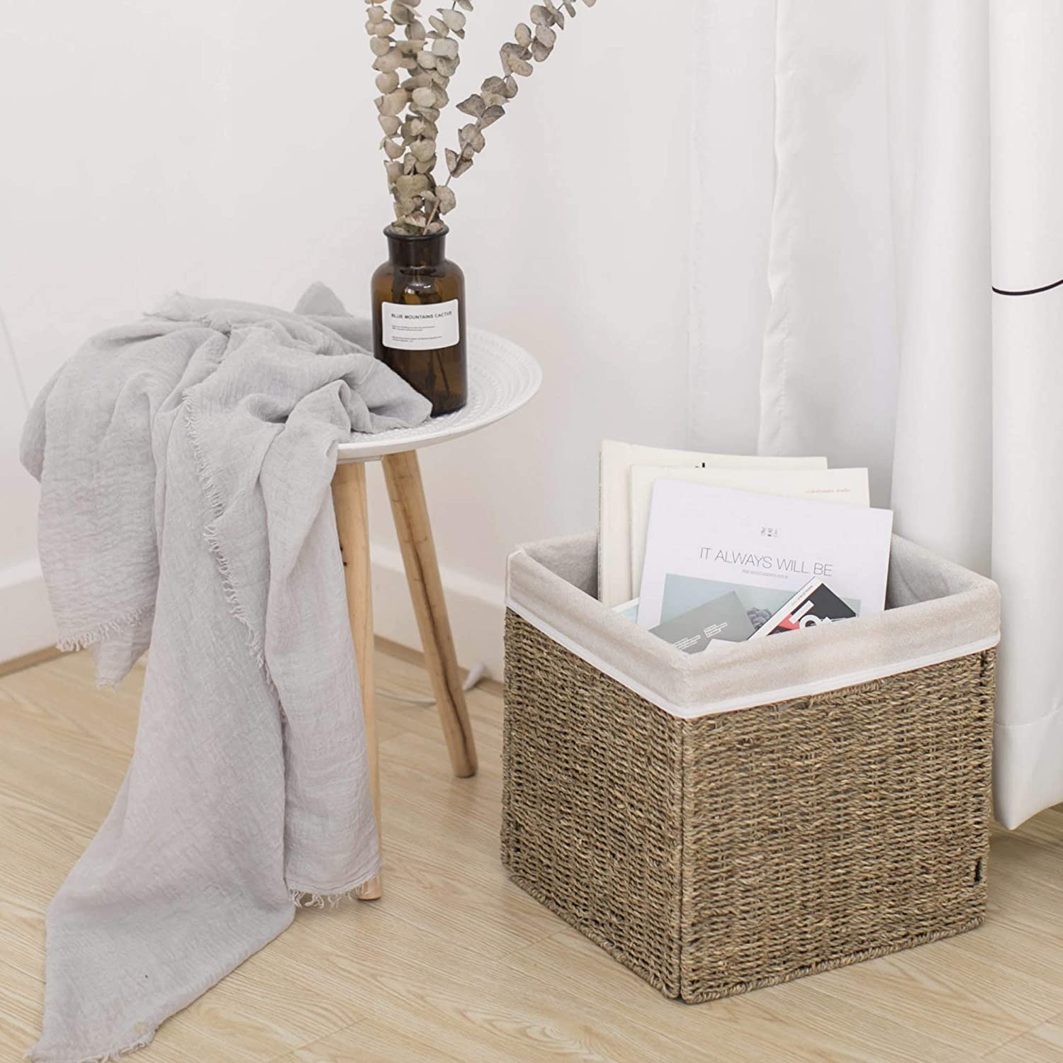 StorageWorks Rectangular Wicker Baskets for Shelves, Seagrass Hand-Woven Baskets with Linings, Mediu
