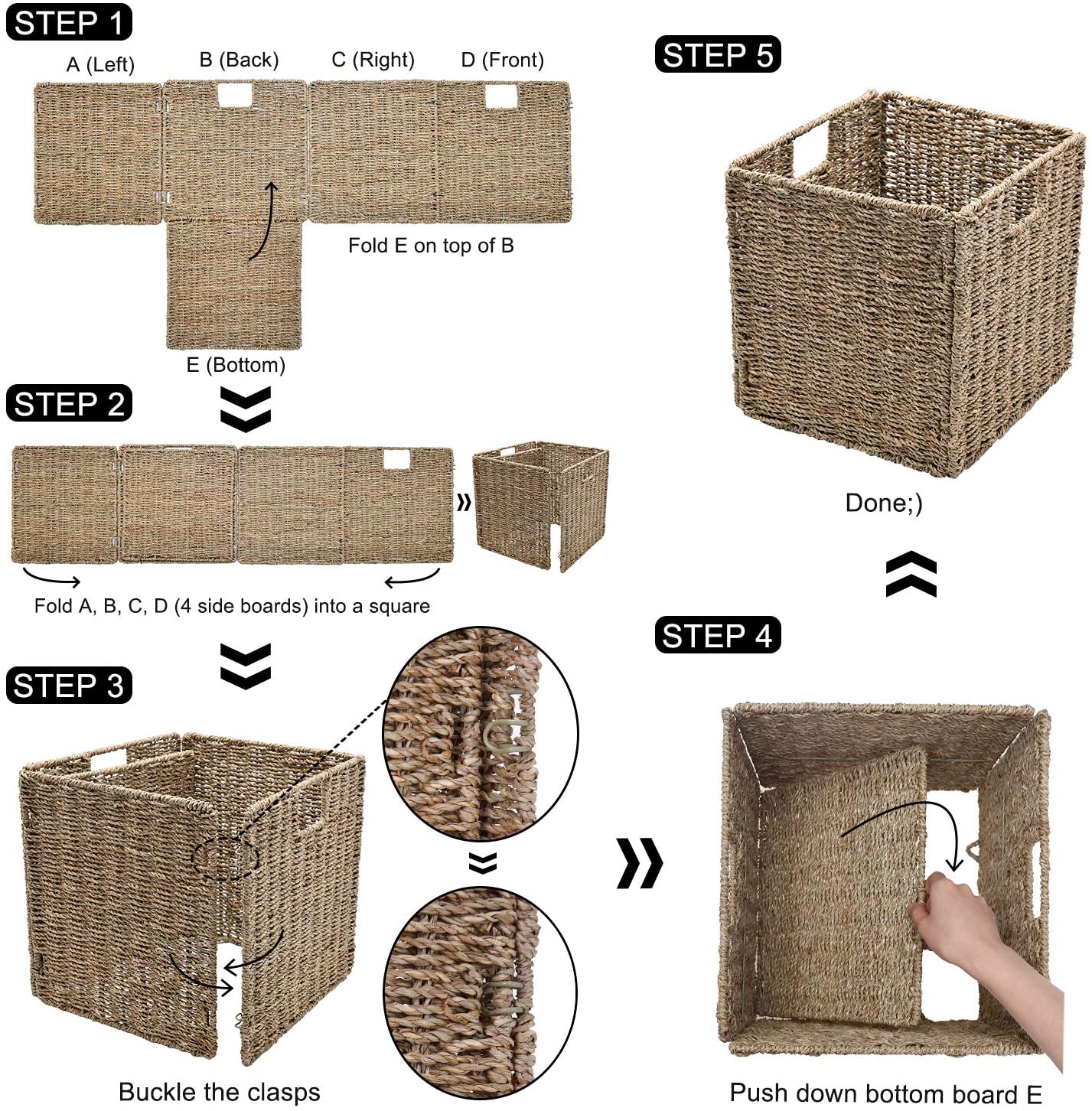 StorageWorks Rectangular Wicker Baskets for Shelves, Seagrass Hand-Woven Baskets with Linings, Mediu