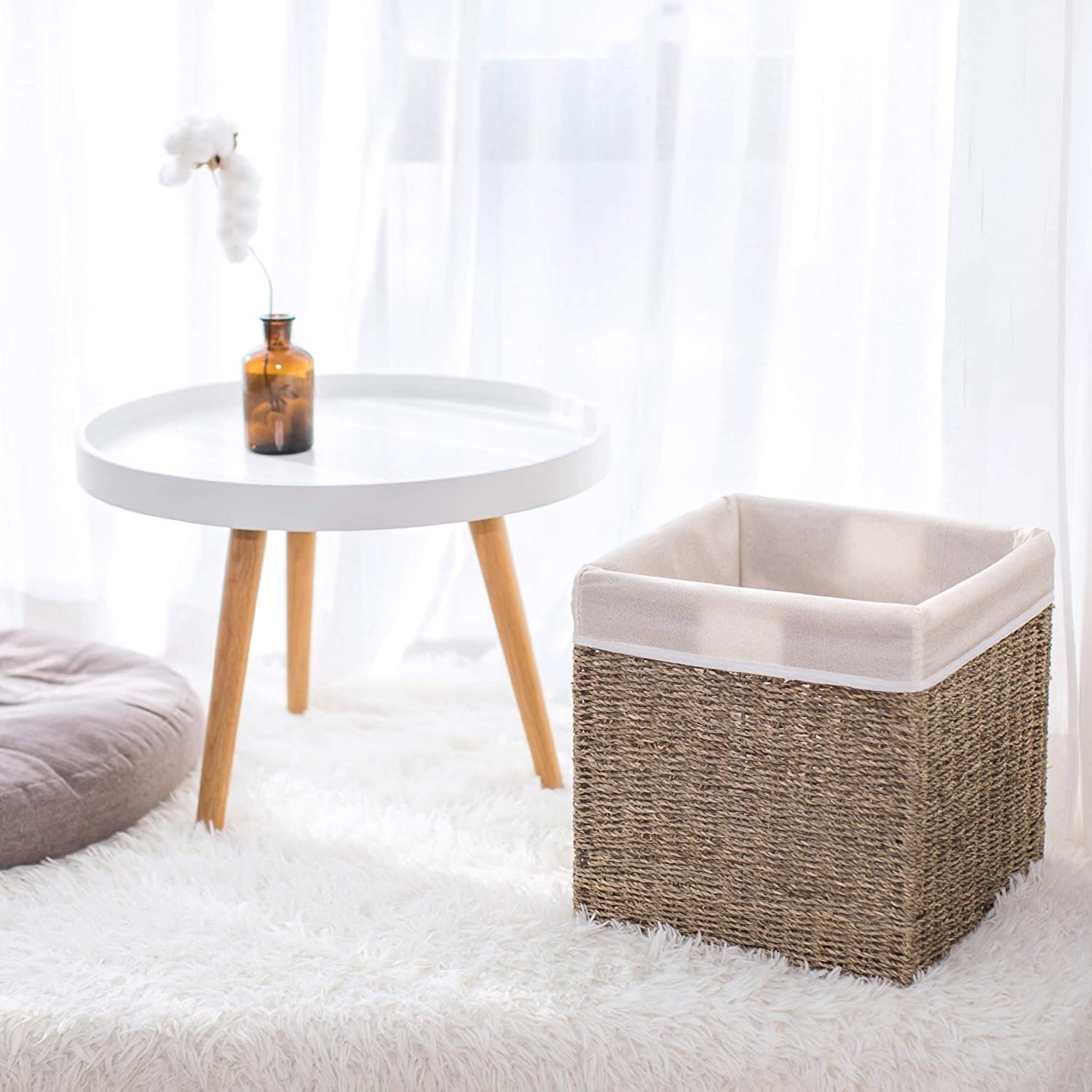 StorageWorks Rectangular Wicker Baskets for Shelves, Seagrass Hand-Woven Baskets with Linings, Mediu