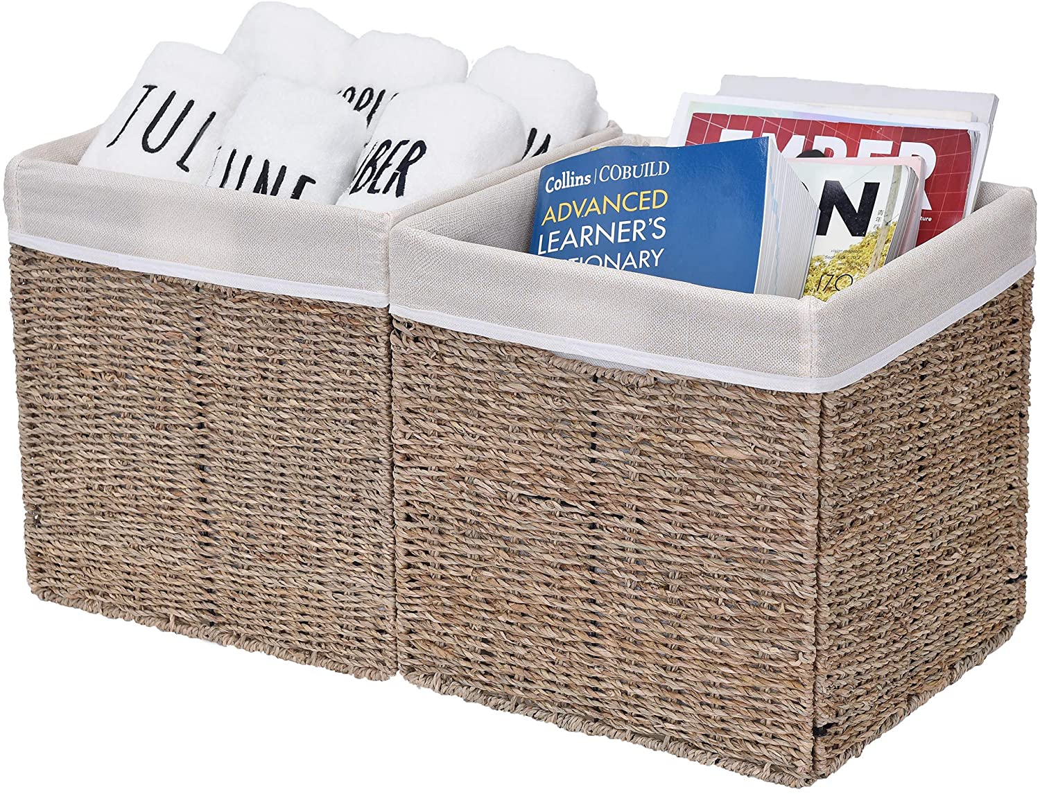 StorageWorks Rectangular Wicker Baskets for Shelves, Seagrass Hand-Woven Baskets with Linings, Mediu