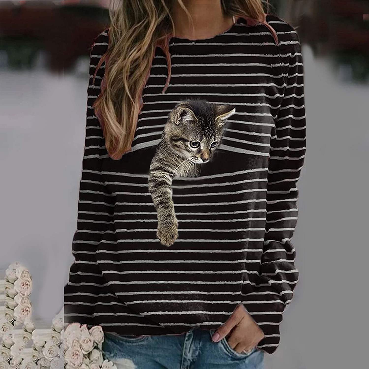 Dosoop Women Long Sleeve Tshirts Black 3D Cat Striped Shutters Print Casual Crewneck Teen Girls Juni