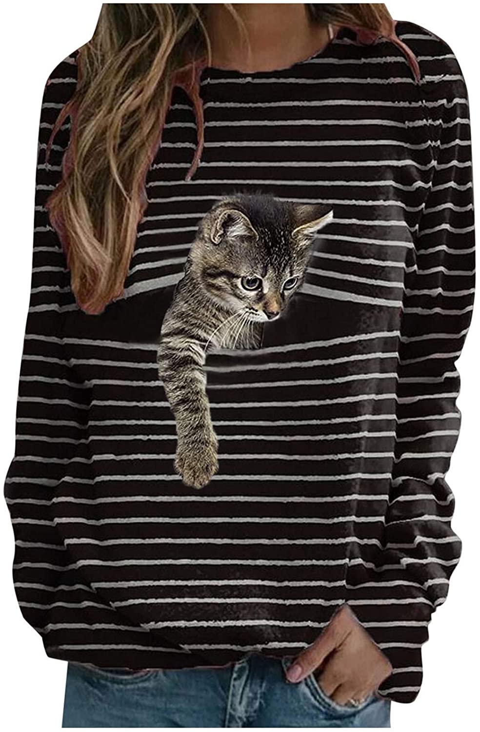 Dosoop Women Long Sleeve Tshirts Black 3D Cat Striped Shutters Print Casual Crewneck Teen Girls Juni