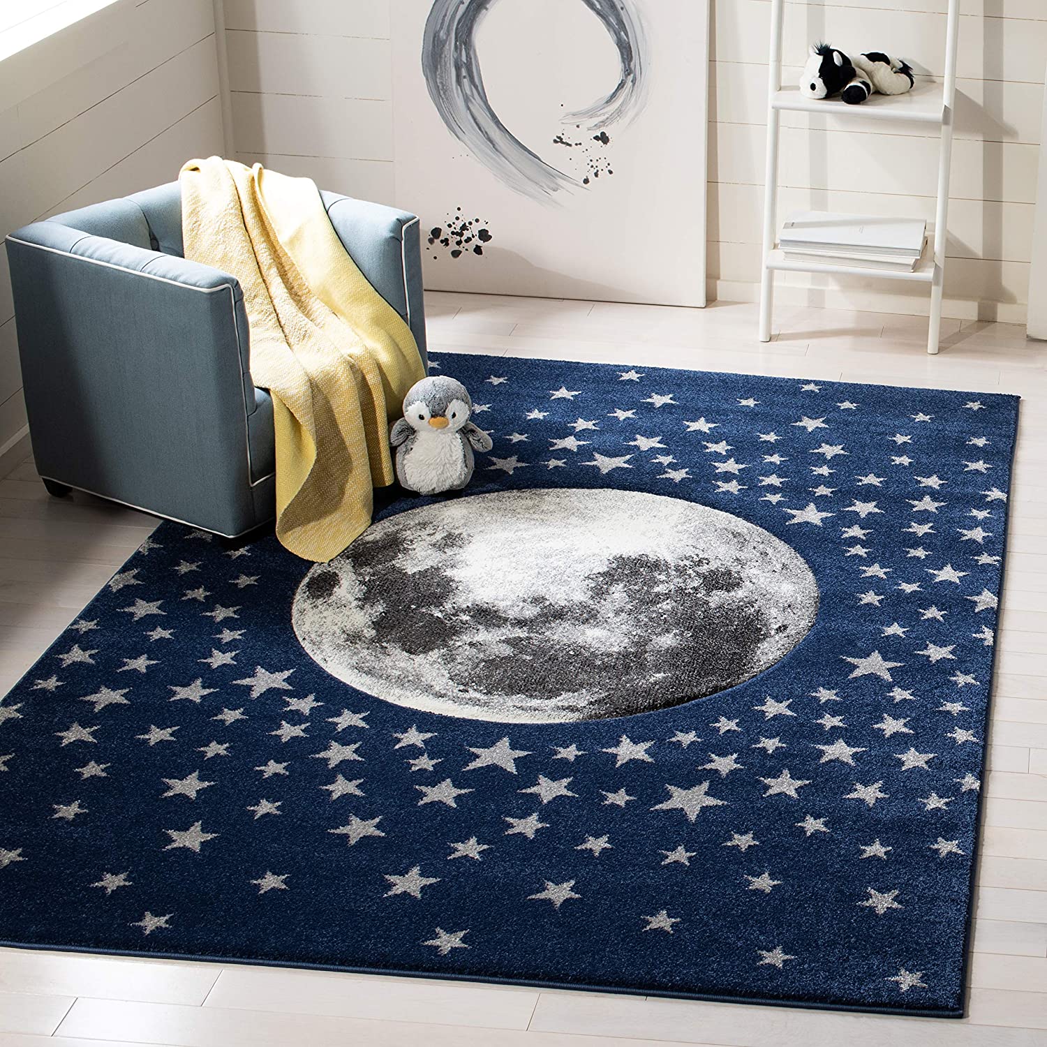 Safavieh Carousel Kids Collection CRK135N Moon and Stars Non-Shedding Stain Resistant Nursery Playro