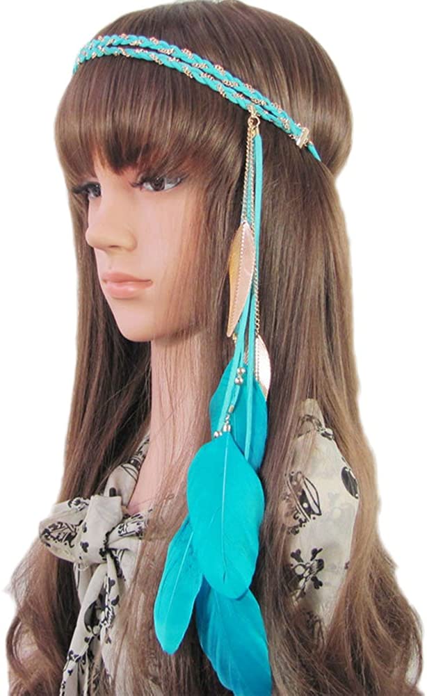 Song Qing Women Feather Leaf Tassels Braided Hippie Headband Hair Accessories