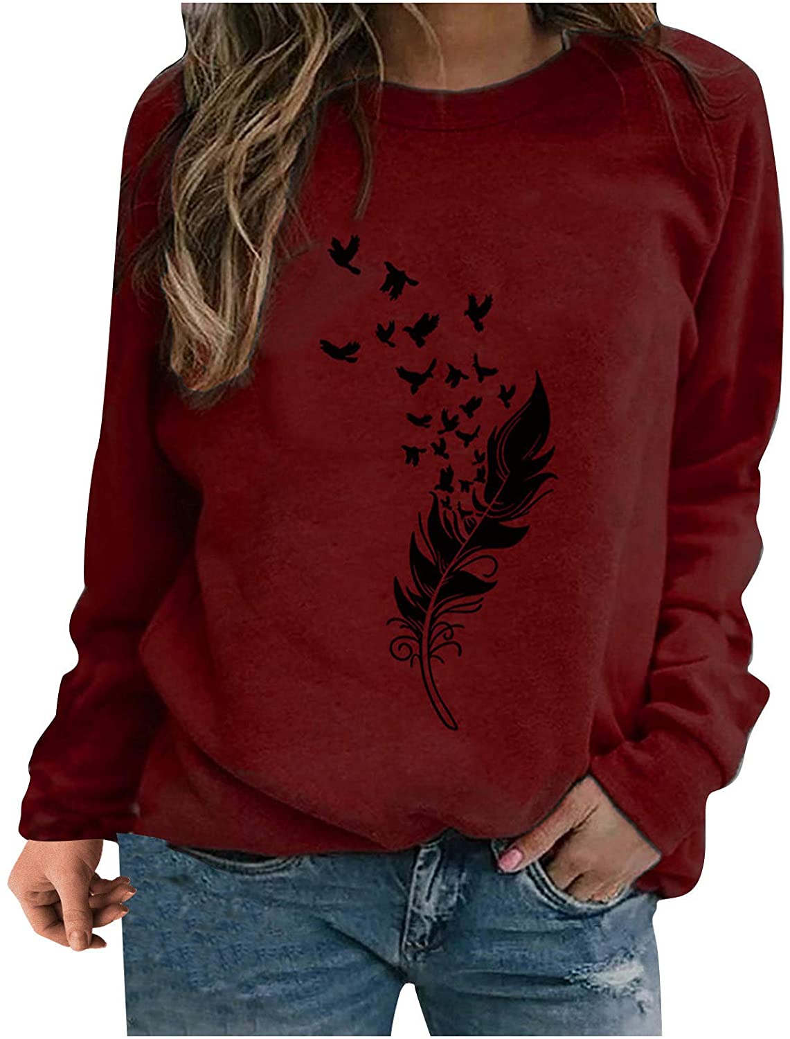 Sweatshirts for Women, Casual Long Sleeve Sweatshirts Feather Graphic Pullover Blouse Sweatshirts Pl