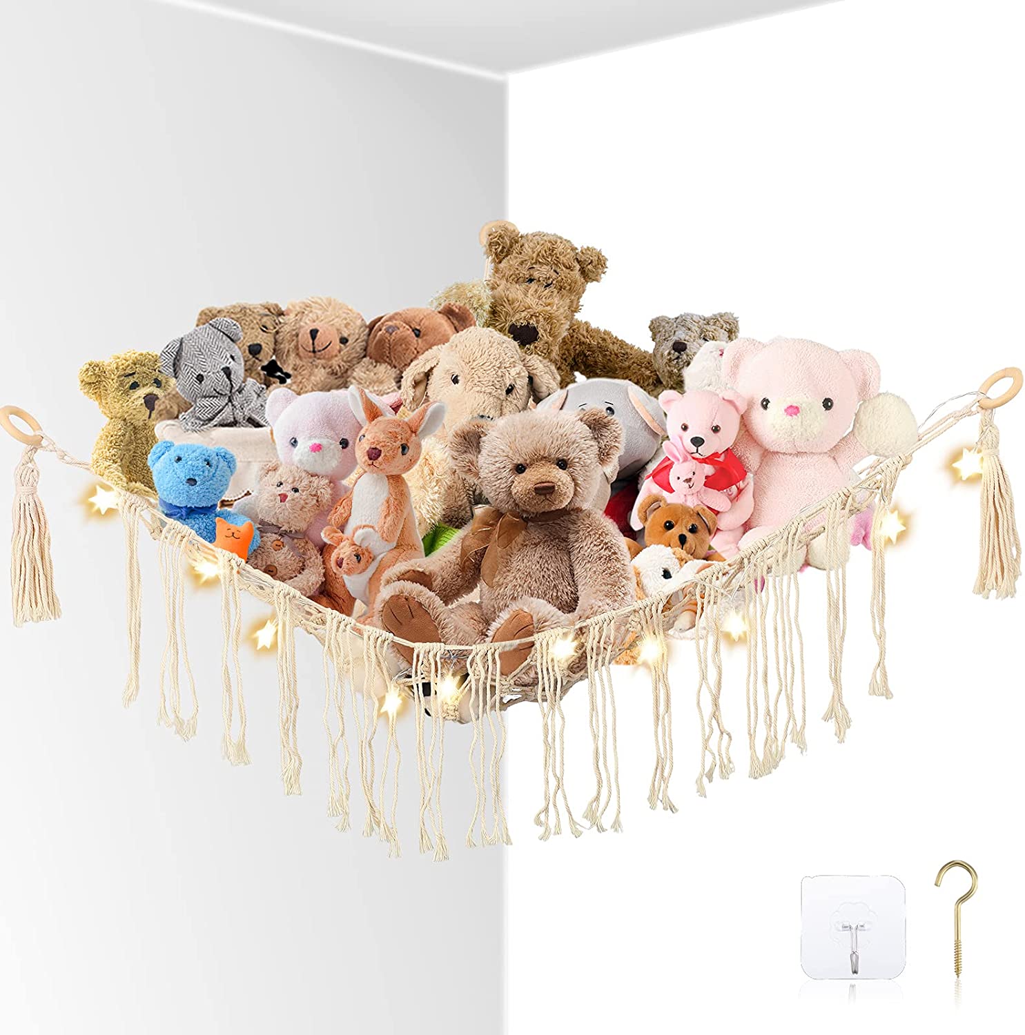 Stuffed Animal Hammock Macrame Boho Toy Hammock with LED String Light