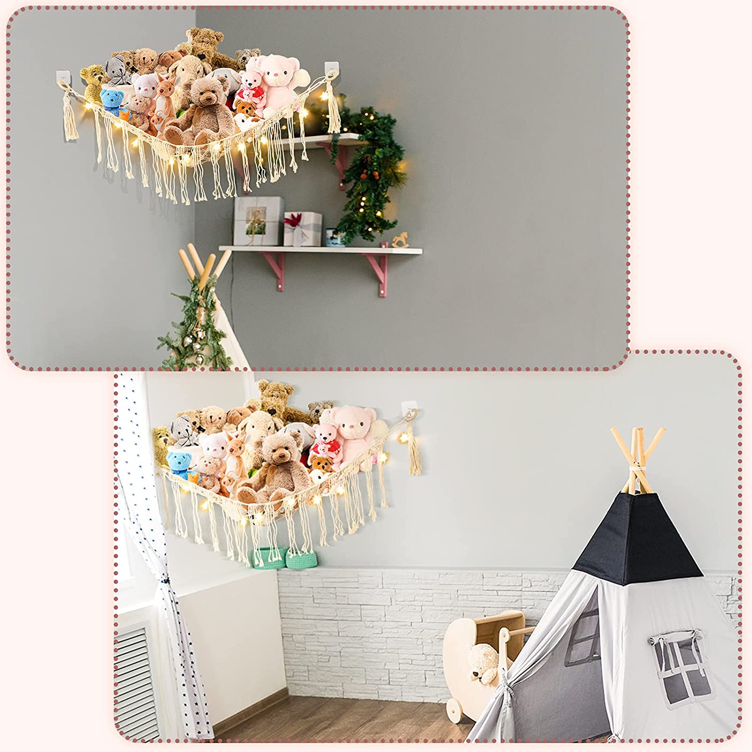 Stuffed Animal Hammock Macrame Boho Toy Hammock with LED String Light