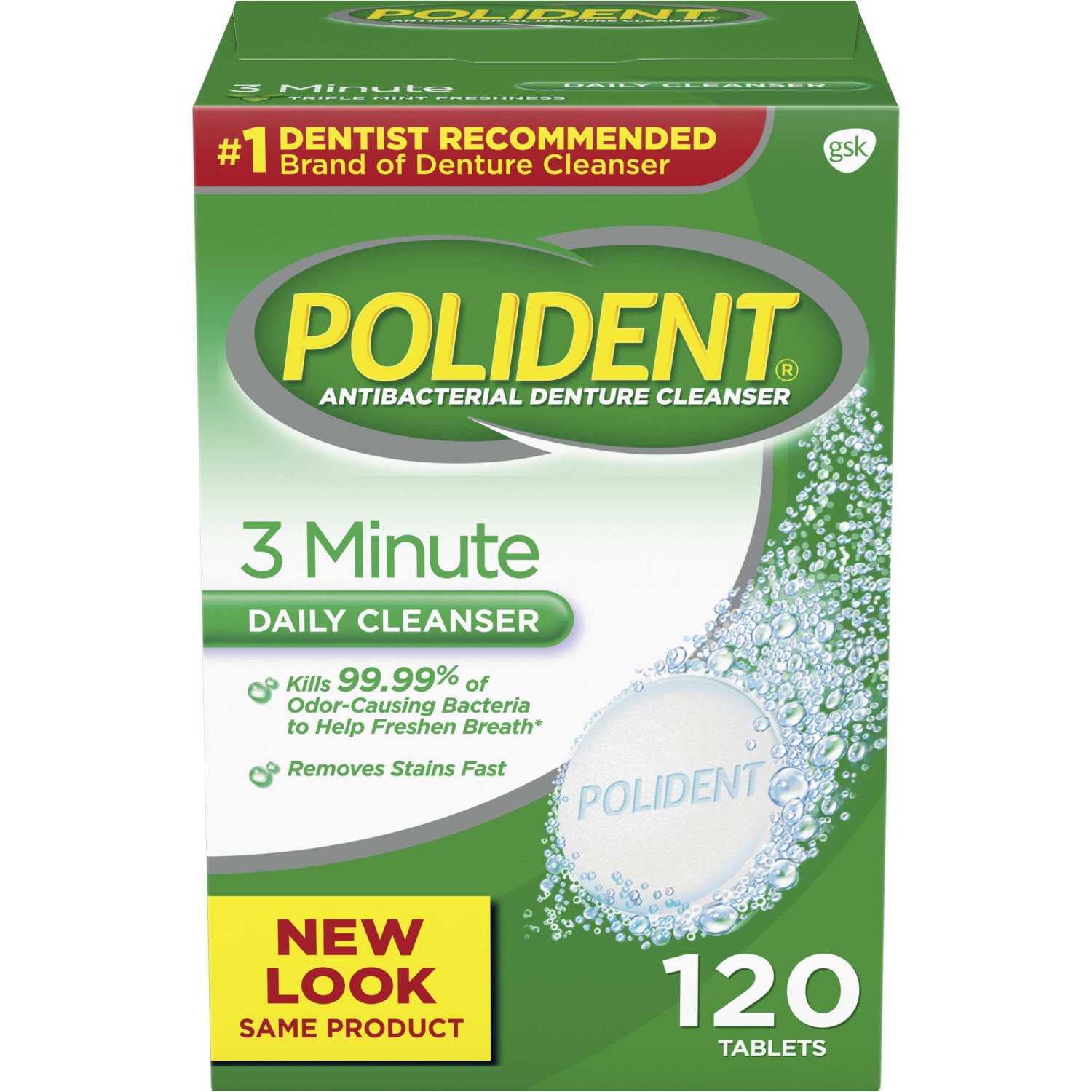 Polident 3-Minute Antibacterial Denture Cleanser - Mint, 3 Minute Whitening, 120 Count