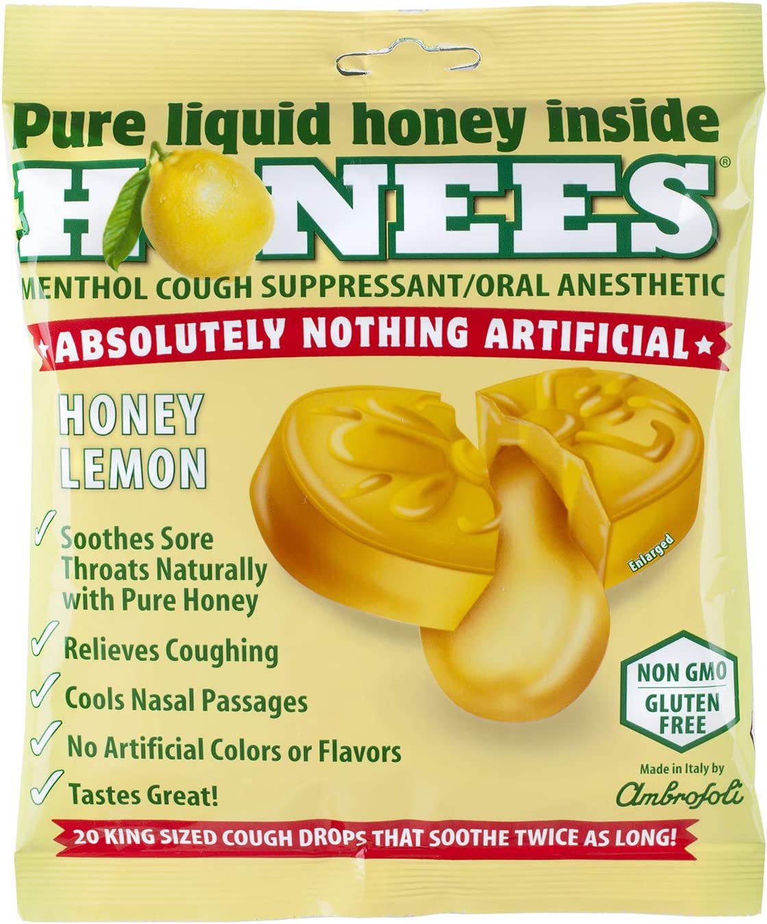 Honees Honey Lemon Cough Drops - 20-Piece, Single Pack Honey-Filled Lozenges | Temporary Relief from