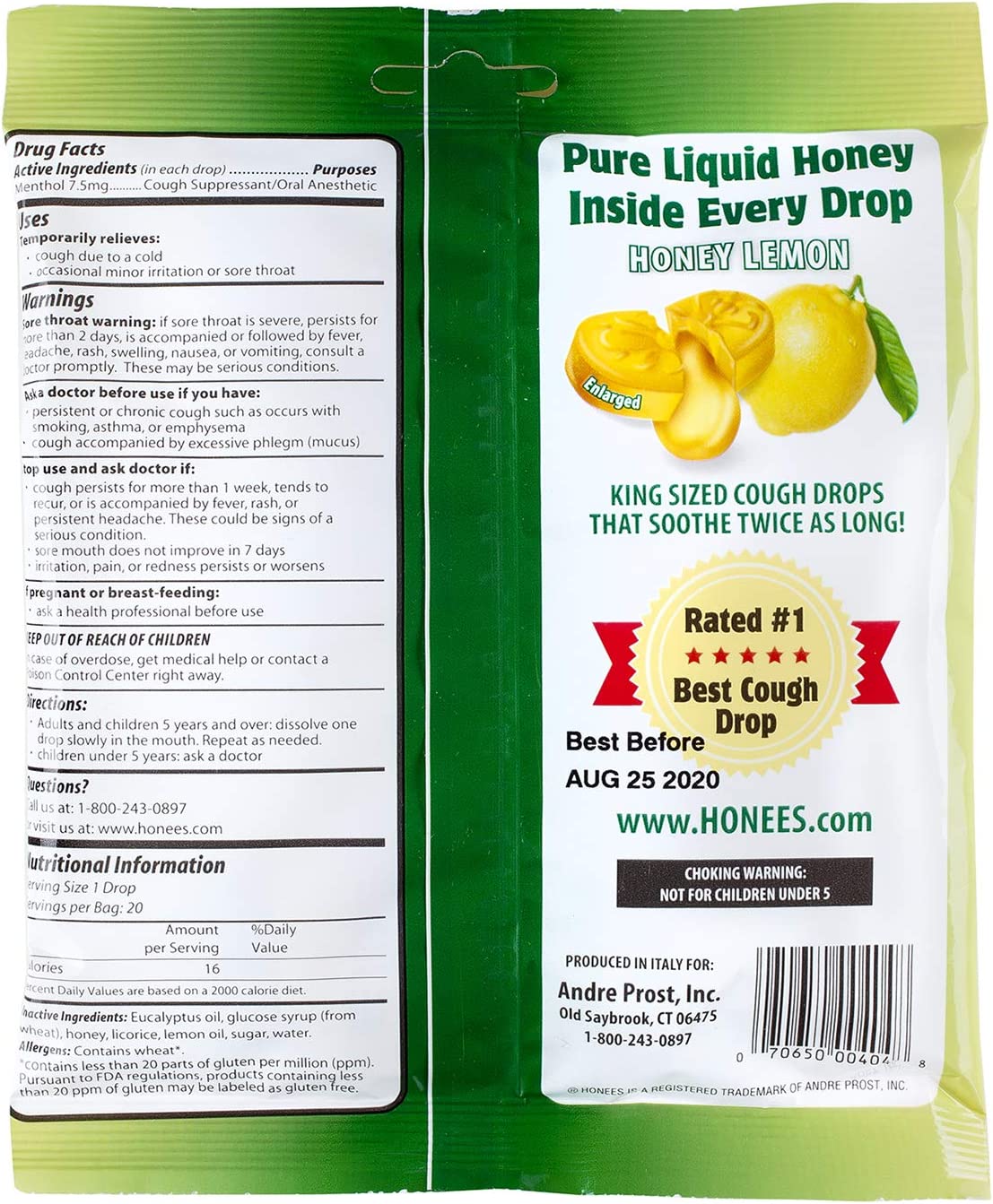 Honees Honey Lemon Cough Drops - 20-Piece, Single Pack Honey-Filled Lozenges | Temporary Relief from