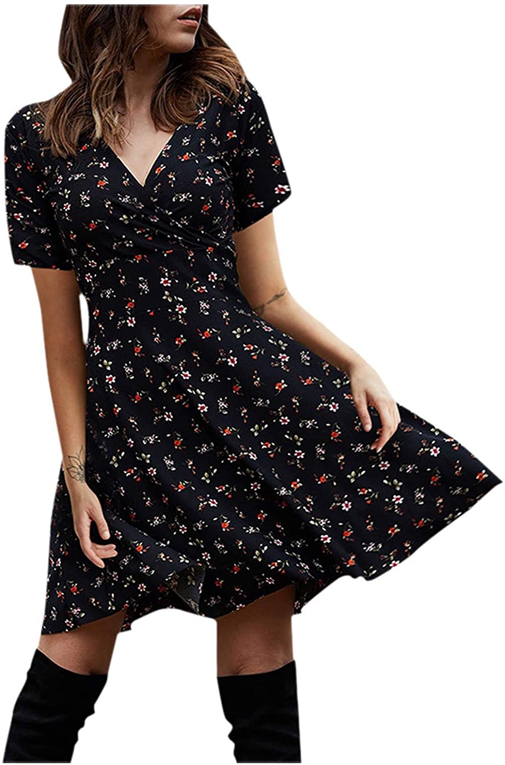 Womens Mini Dresses, Short Sleeve Elegant V Neck Small Print Slim Waist Loose Pullover Ruffled A-lin