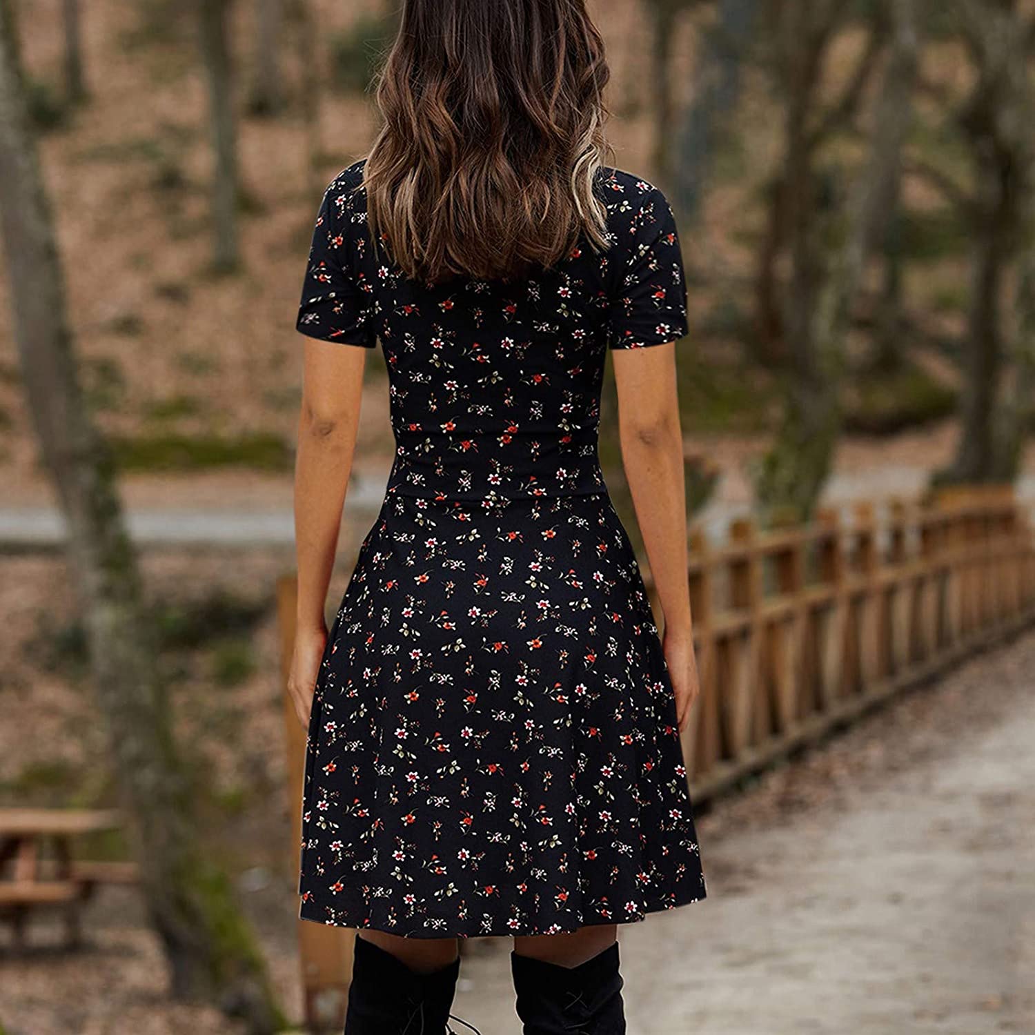 Womens Mini Dresses, Short Sleeve Elegant V Neck Small Print Slim Waist Loose Pullover Ruffled A-lin