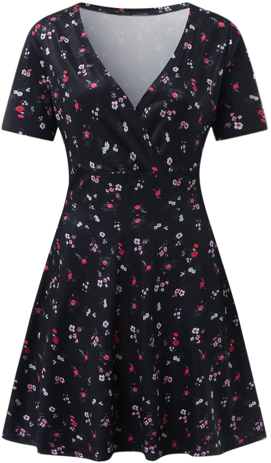 Womens Mini Dresses, Short Sleeve Elegant V Neck Small Print Slim Waist Loose Pullover Ruffled A-lin