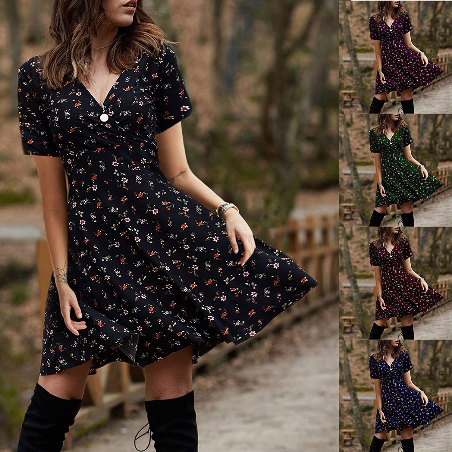 Womens Mini Dresses, Short Sleeve Elegant V Neck Small Print Slim Waist Loose Pullover Ruffled A-lin