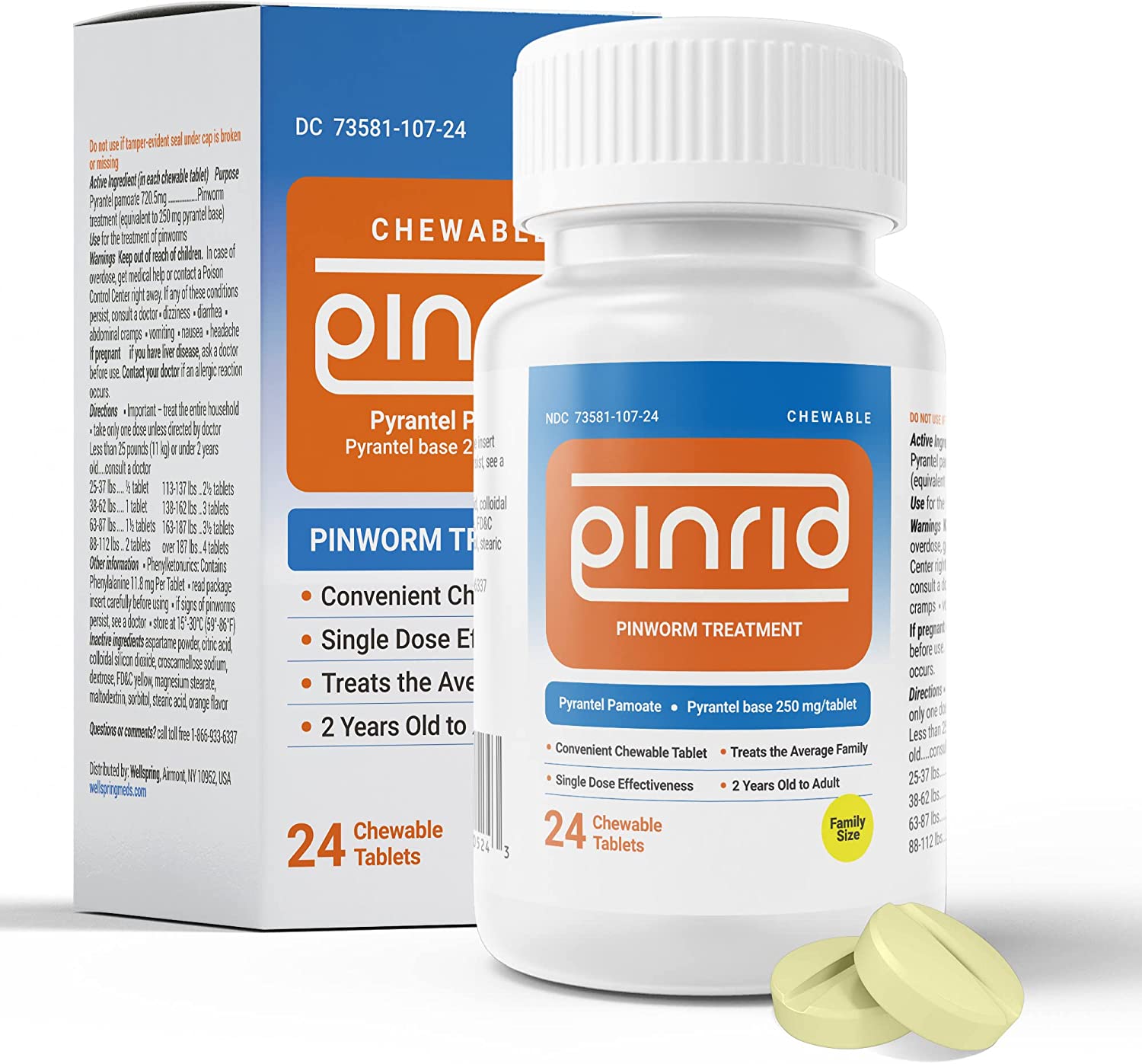 Pin-Rid Pills for Pinworms | Pyrantel Pamoate 250 mg | 24 Chewable Tablets | Family Size